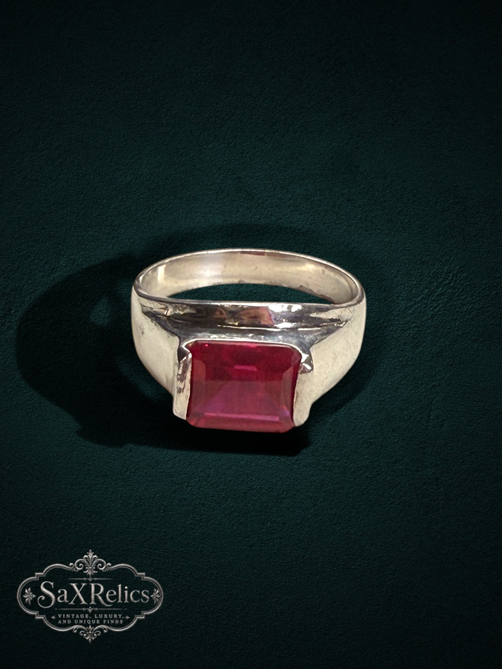 My Store vintage-inspired sterling silver statement ring featuring a bold rectangular-cut vibrant red gemstone.