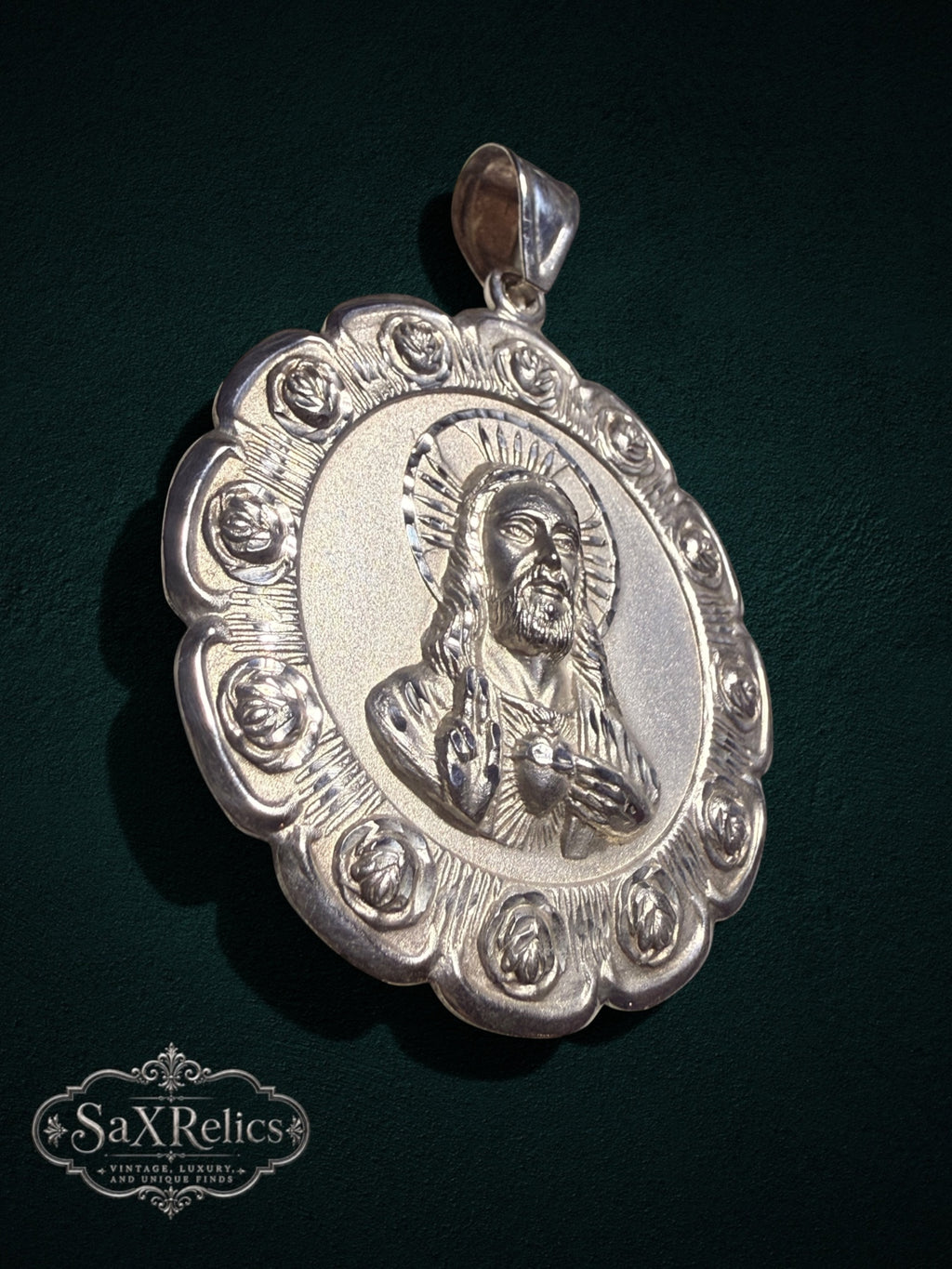 Sterling silver Sacred Heart of Jesus pendant with ornate rose border in high-relief detail