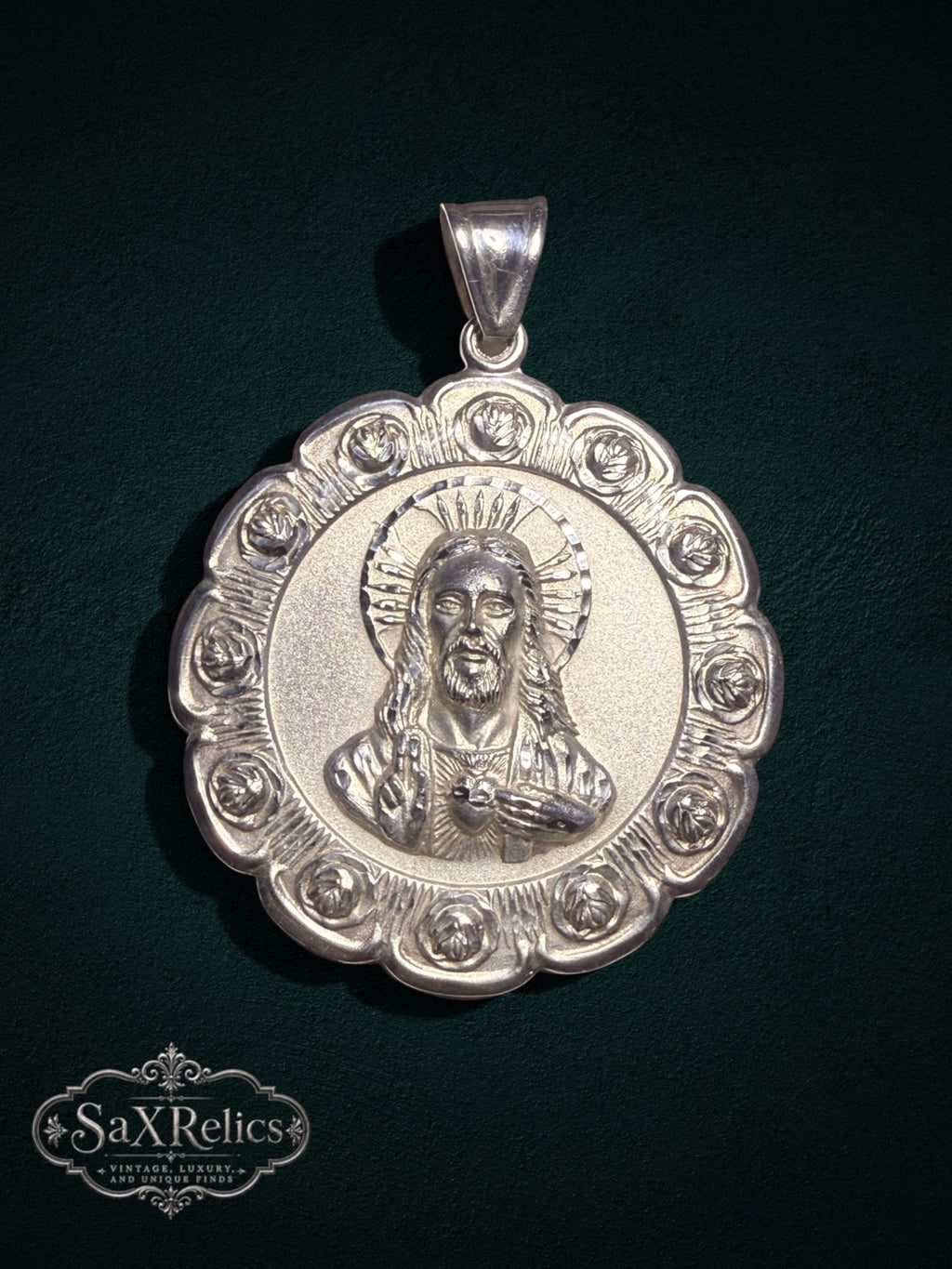 Sterling silver Sacred Heart of Jesus pendant with ornate rose border and high-relief detail