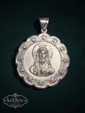 Sterling silver Sacred Heart of Jesus pendant with ornate rose border and high-relief detail