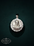 My Store 925 sterling silver Sacred Heart of Jesus pendant with sunburst textured border on a dark green background.