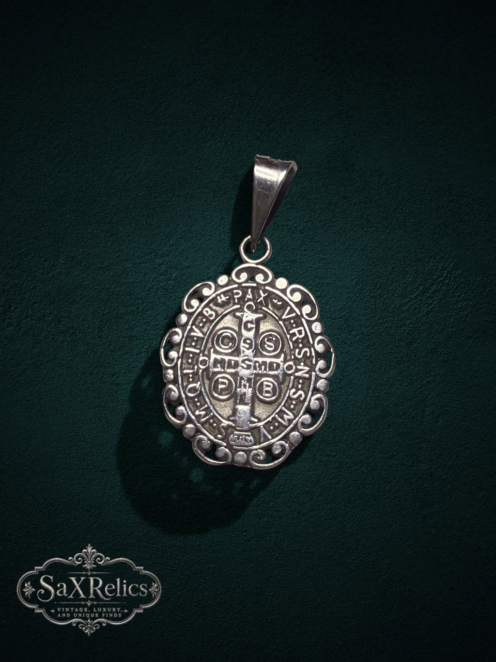 Benito Mexican sterling silver Saint Benedict pendant, detail