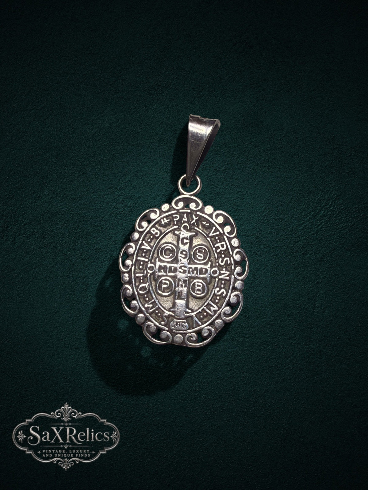 Benito Mexican sterling silver Saint Benedict pendant, detail