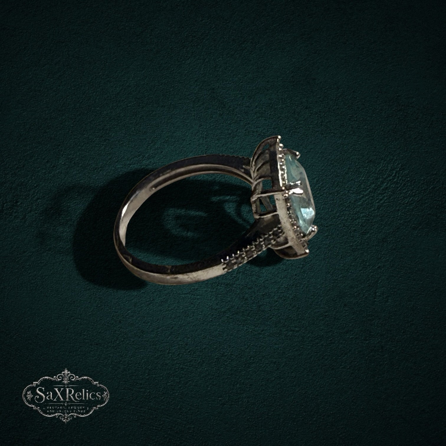 My Store SAXRelics vintage-inspired 925 sterling silver statement ring with a cushion-cut stone and beaded band.