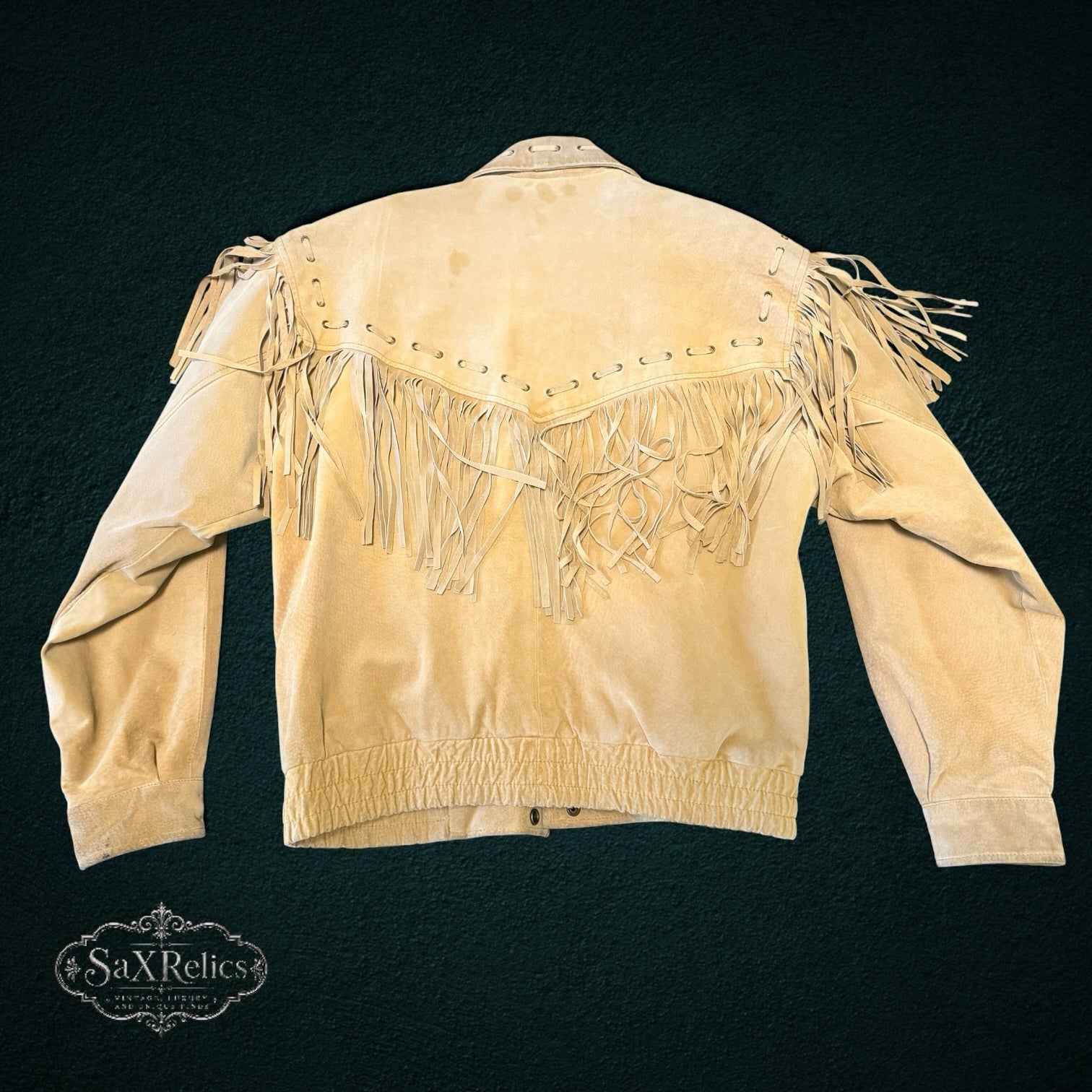 My Store vintage tan suede western jacket with fringe and leather lacing details on the back yoke