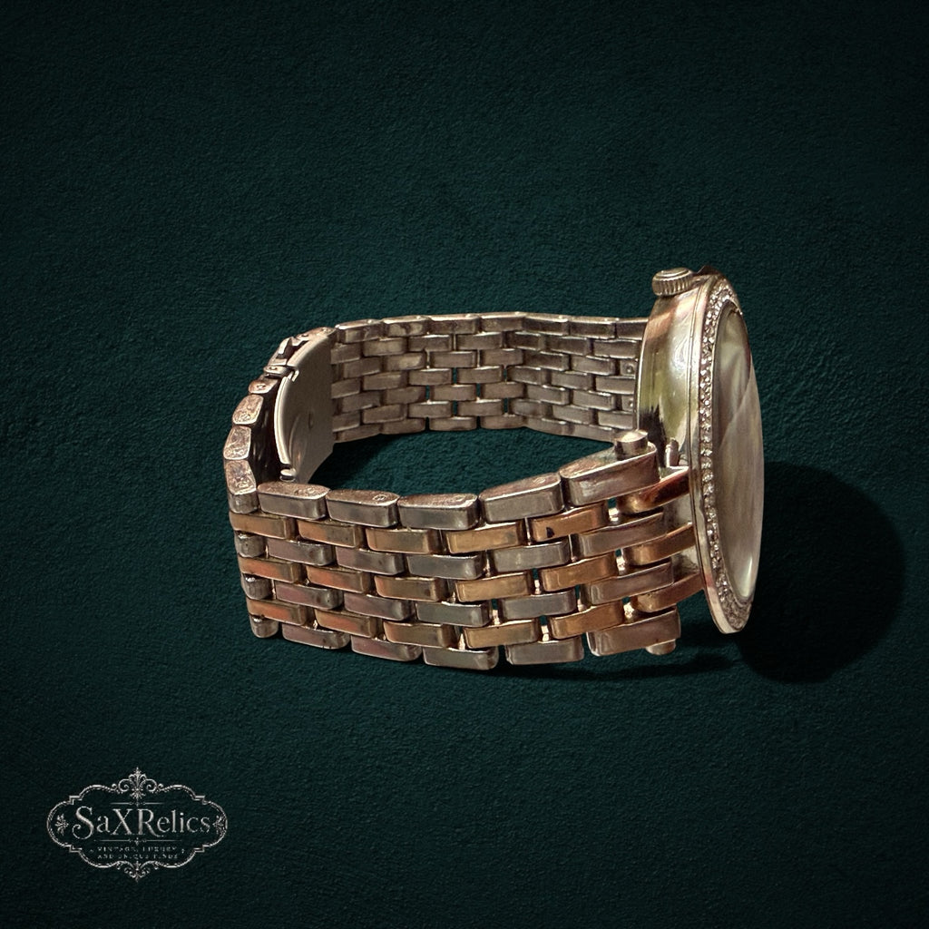 SaX Relics rose gold-tone crystal bezel watch on a two-tone silver and rose gold link bracelet