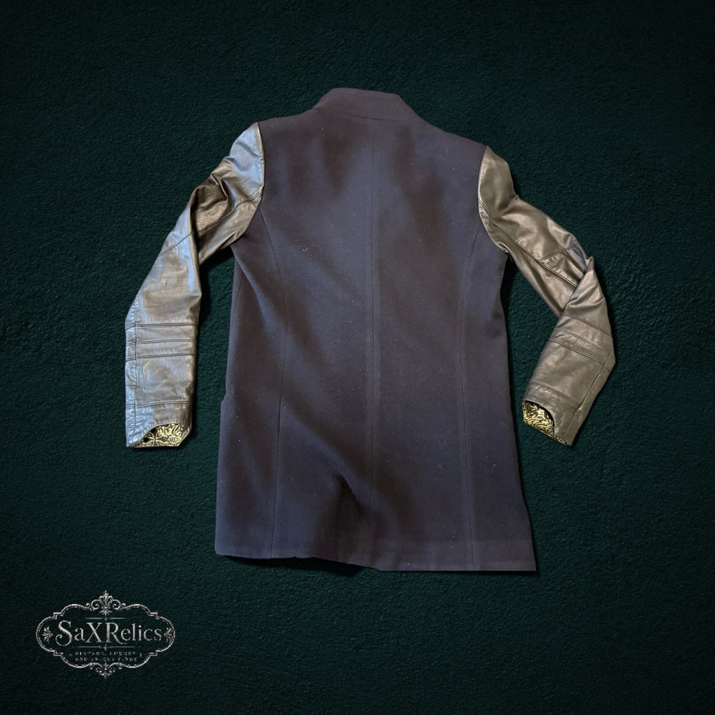 My Store VEDA wool jacket with black sheep leather sleeves and gold brocade lining, back view.