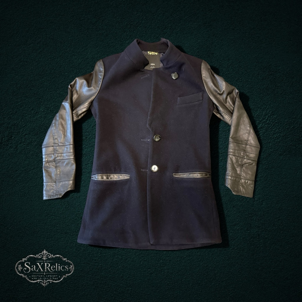 My Store VEDA black wool jacket with contrasting sheep leather sleeves, button-front closure, and pocket detailing.