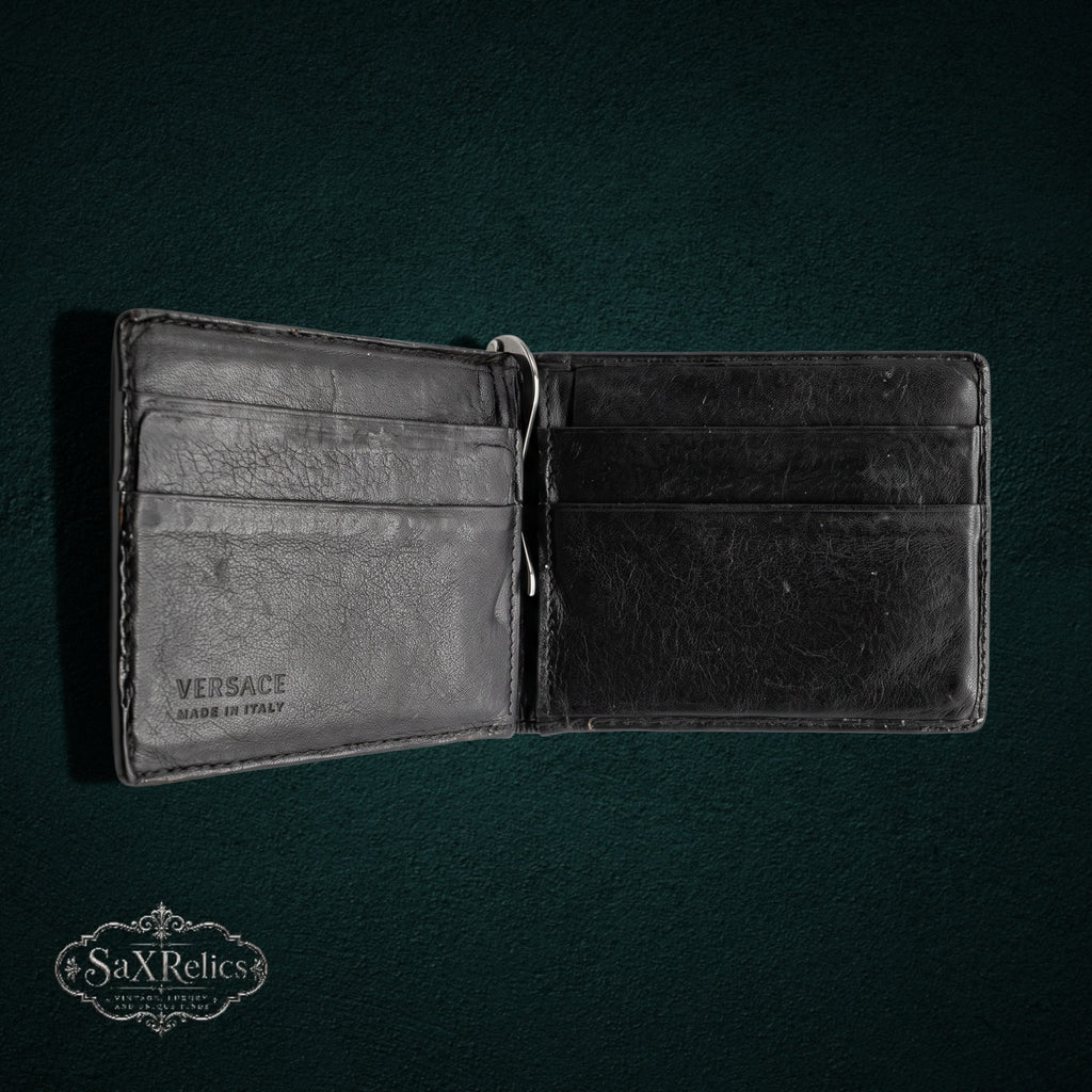 My Store Versace black leather money clip wallet interior with card slots and metal clip
