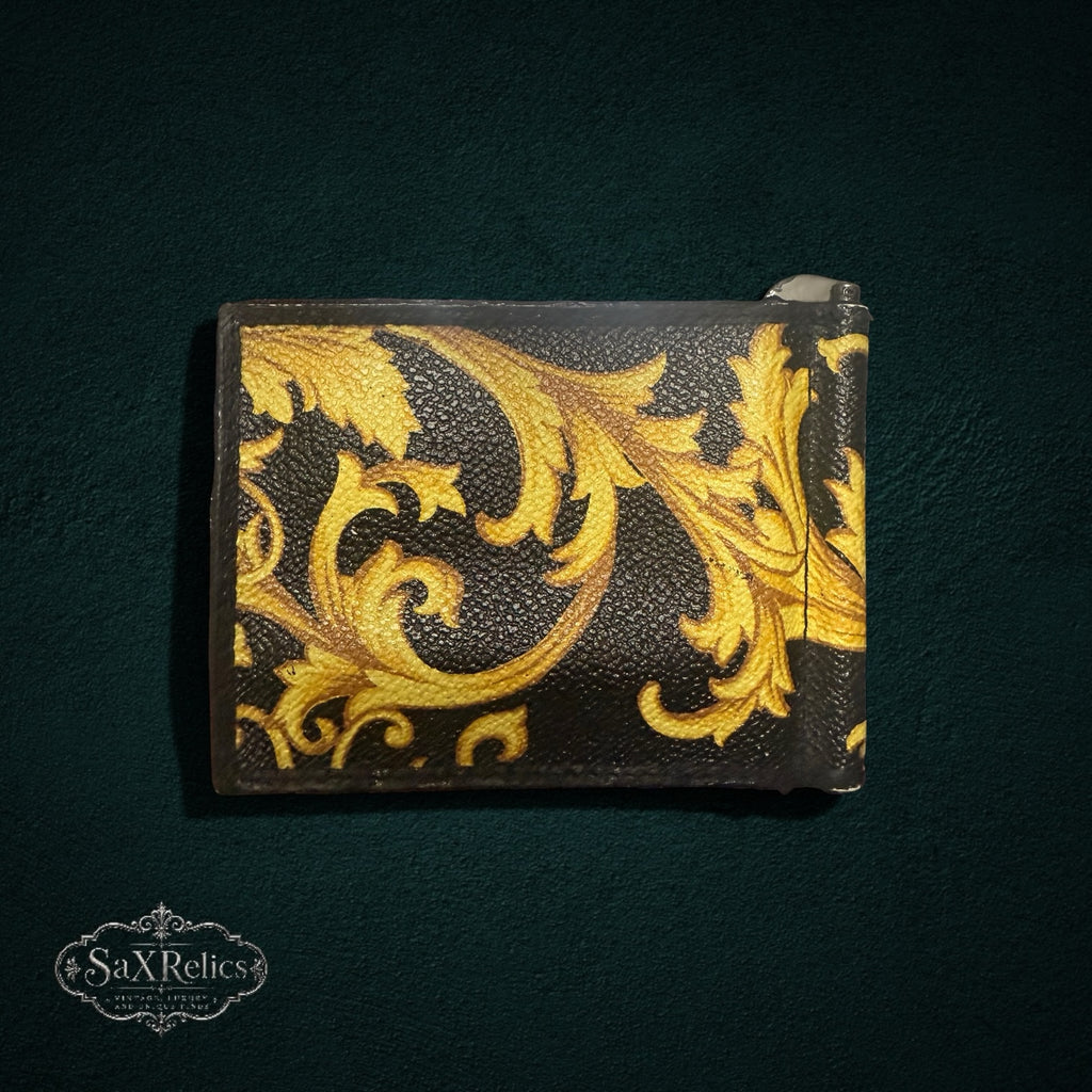 My Store Versace black leather money clip wallet with gold baroque print and Medusa emblem