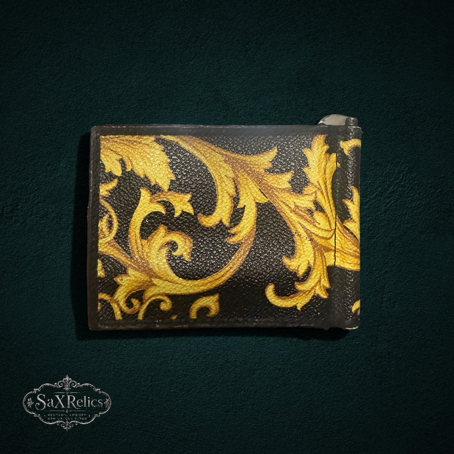 My Store Versace black leather money clip wallet with gold baroque print and Medusa emblem
