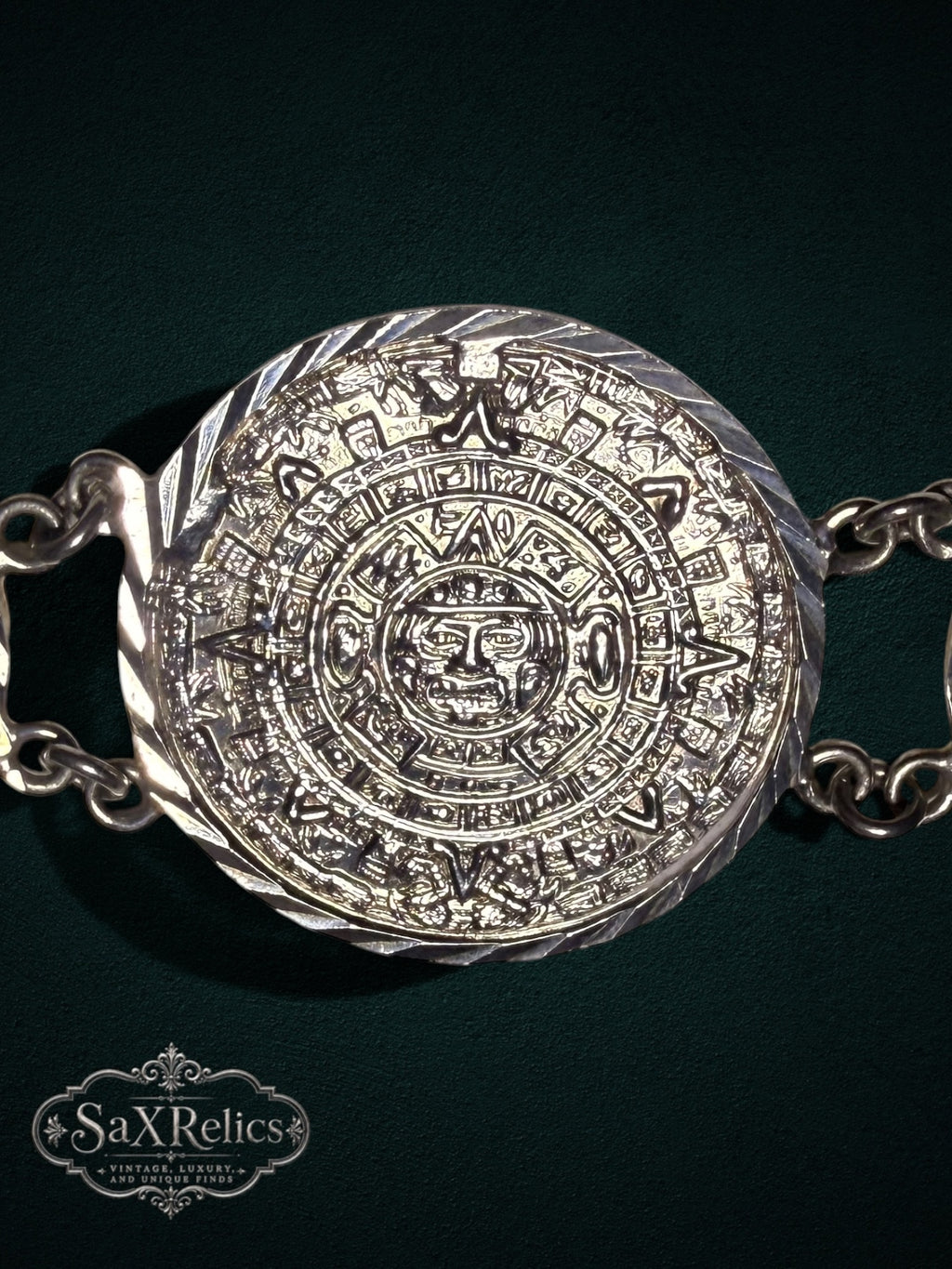 Mexica .950 silver bracelet, single Aztec calendar medallion close-up
