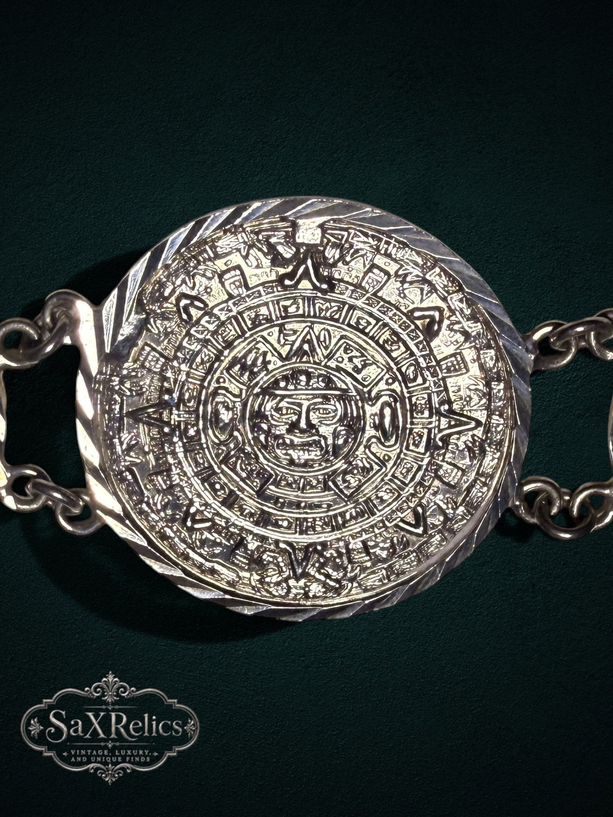 Mexica .950 silver bracelet, single Aztec calendar medallion close-up