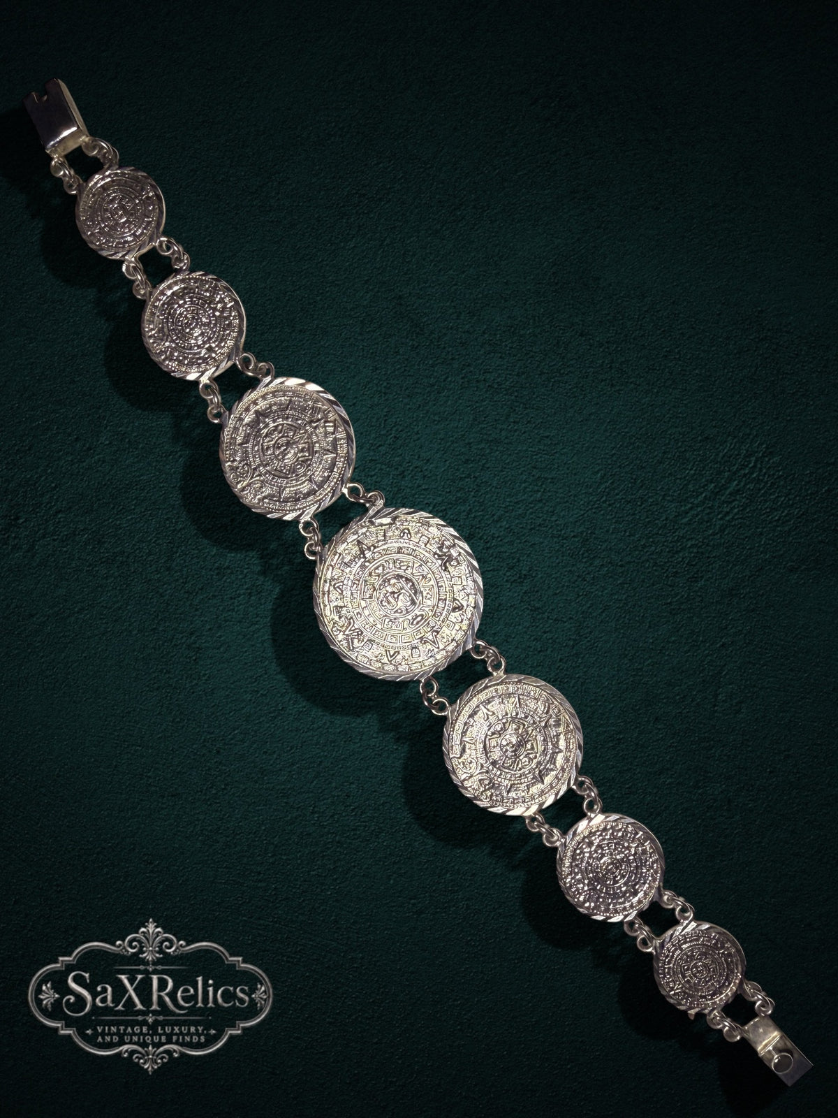 Mexica .950 silver Aztec calendar bracelet, medallion detail