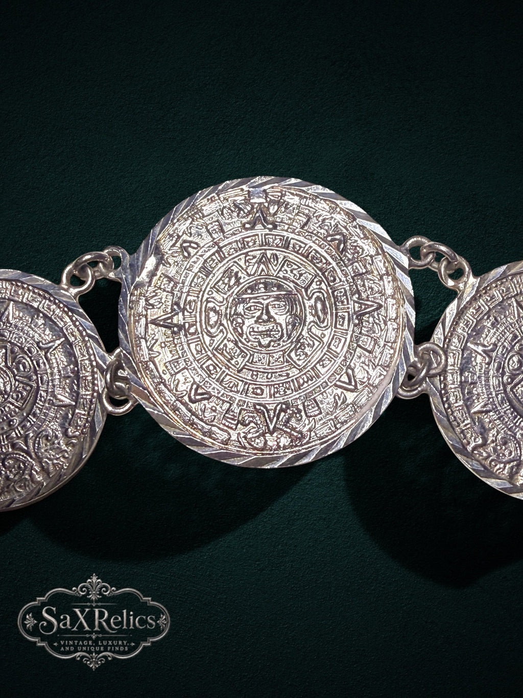 Mexica Mexican .950 silver Aztec calendar link bracelet, full view