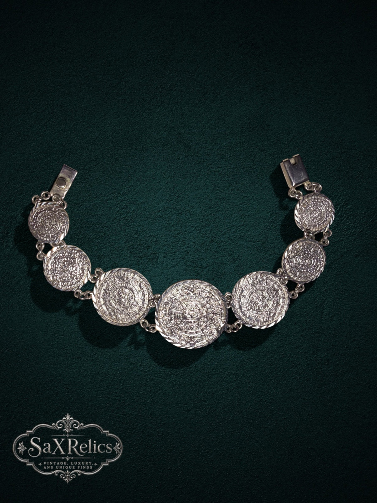 Mexica .950 silver Aztec calendar medallion link bracelet