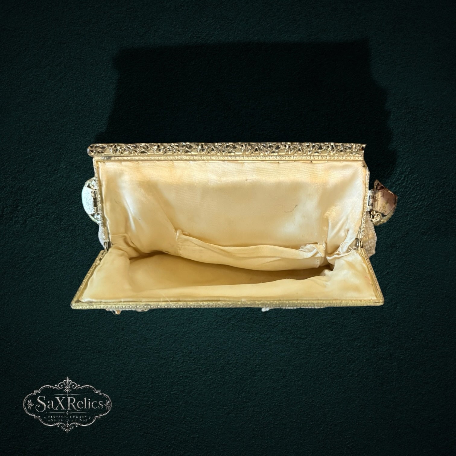 My Store vintage cream beaded evening clutch interior with satin lining and gold-tone frame