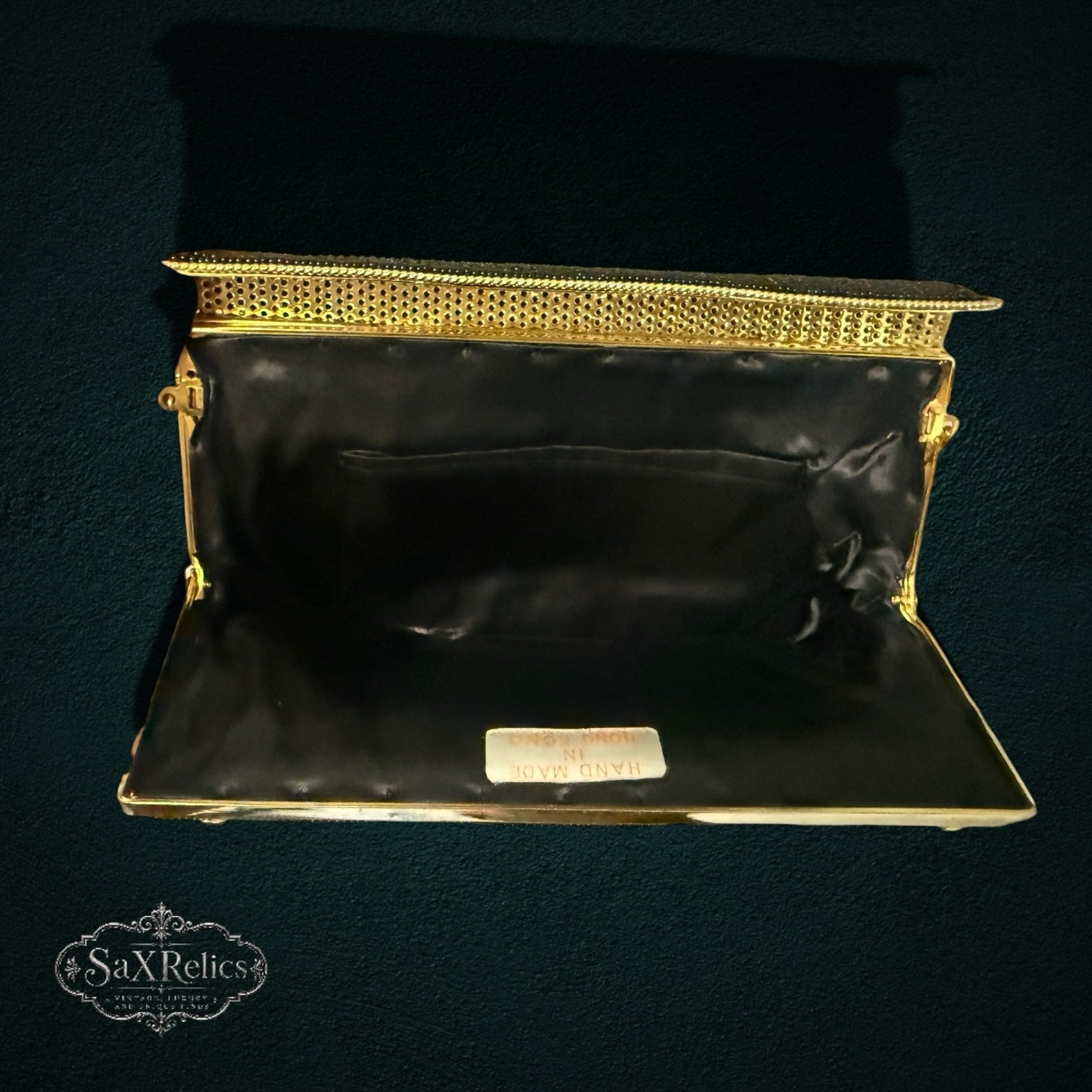 My Store vintage black beaded evening clutch interior with gold-tone frame and fabric lining