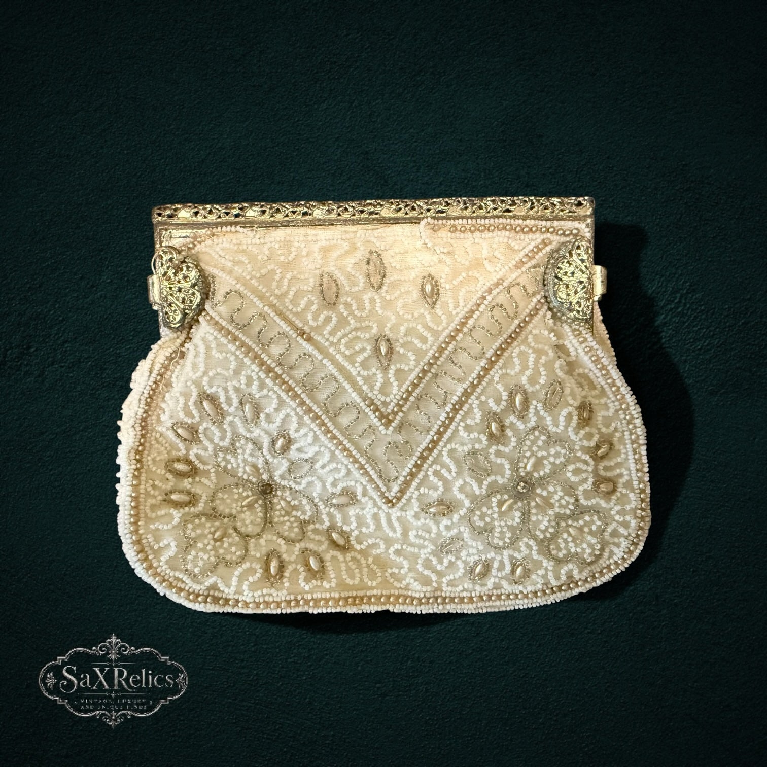 My Store vintage cream beaded evening clutch with intricate floral patterns, gold-tone frame, and ornate clasp.