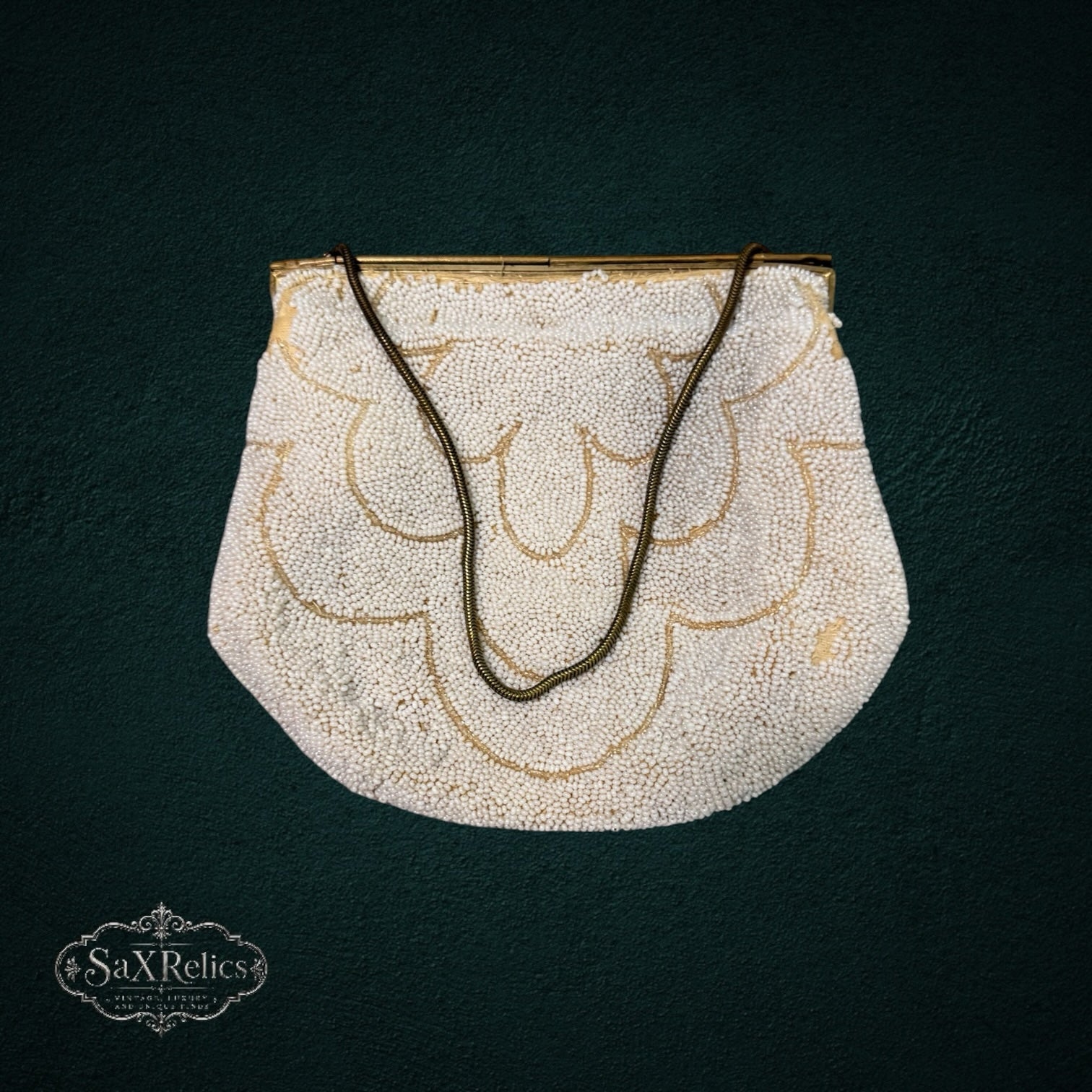 My Store vintage beaded evening handbag with white and gold floral beadwork and a gold-tone chain strap.