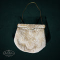 My Store vintage beaded evening handbag in white and gold with floral patterns, gold frame, and slender chain strap.