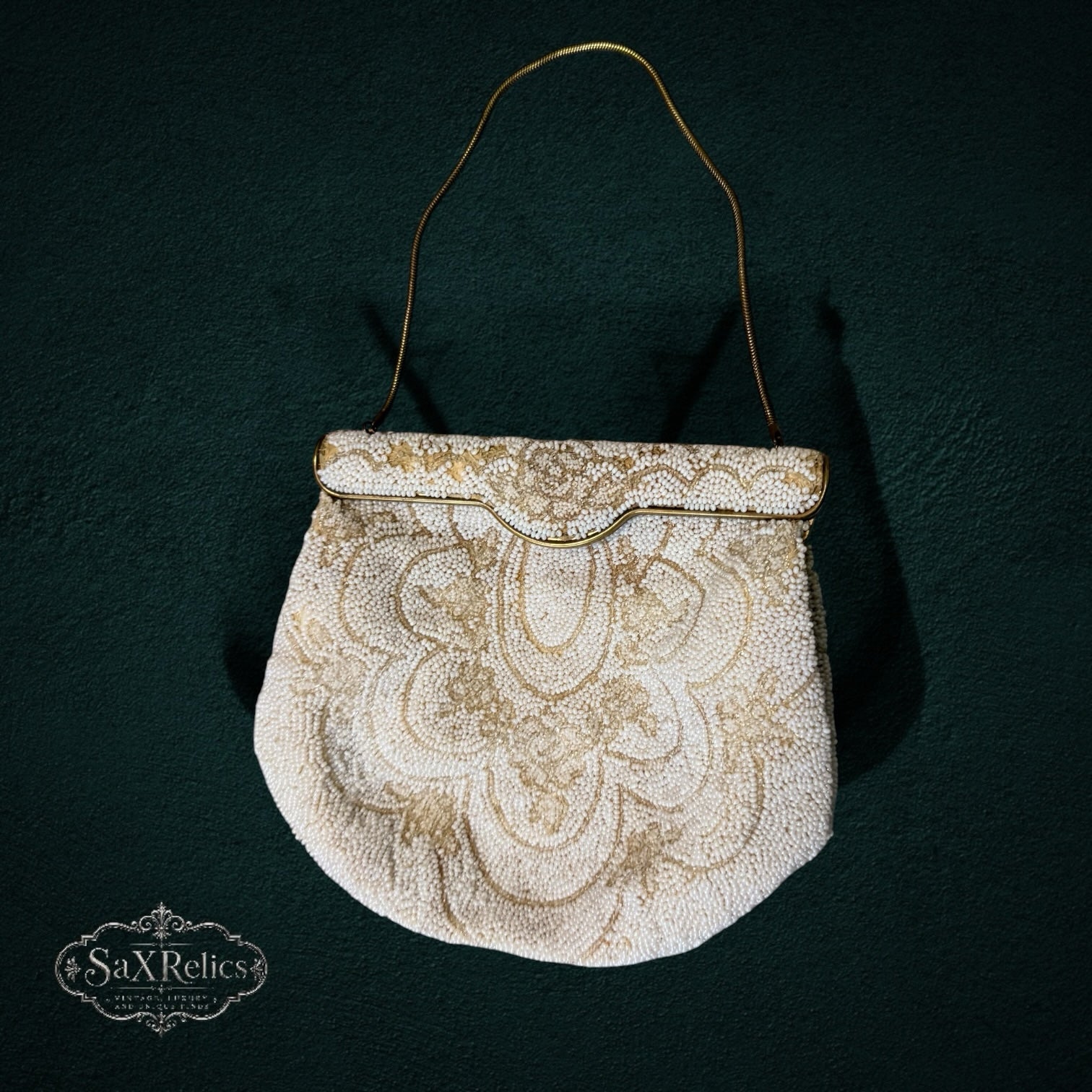 My Store vintage beaded evening handbag in white and gold with floral patterns, gold frame, and slender chain strap.
