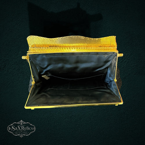 My Store vintage beaded evening handbag interior with black fabric lining and gold-tone metal frame