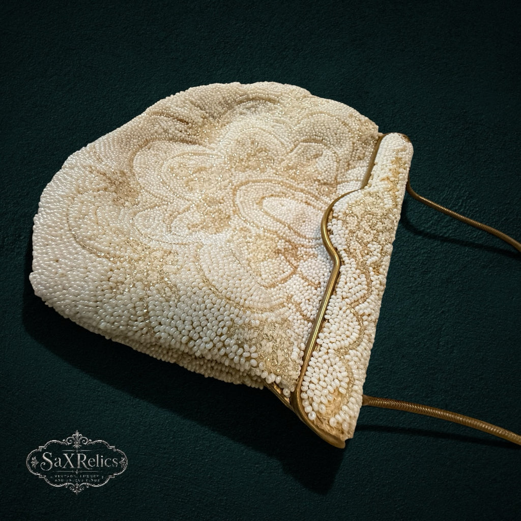 My Store vintage beaded evening handbag with white and gold floral beadwork and a gold-tone metal frame