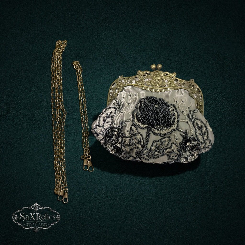 My Store vintage-style satin evening clutch with black floral beadwork, brass frame, and two detachable gold chains.