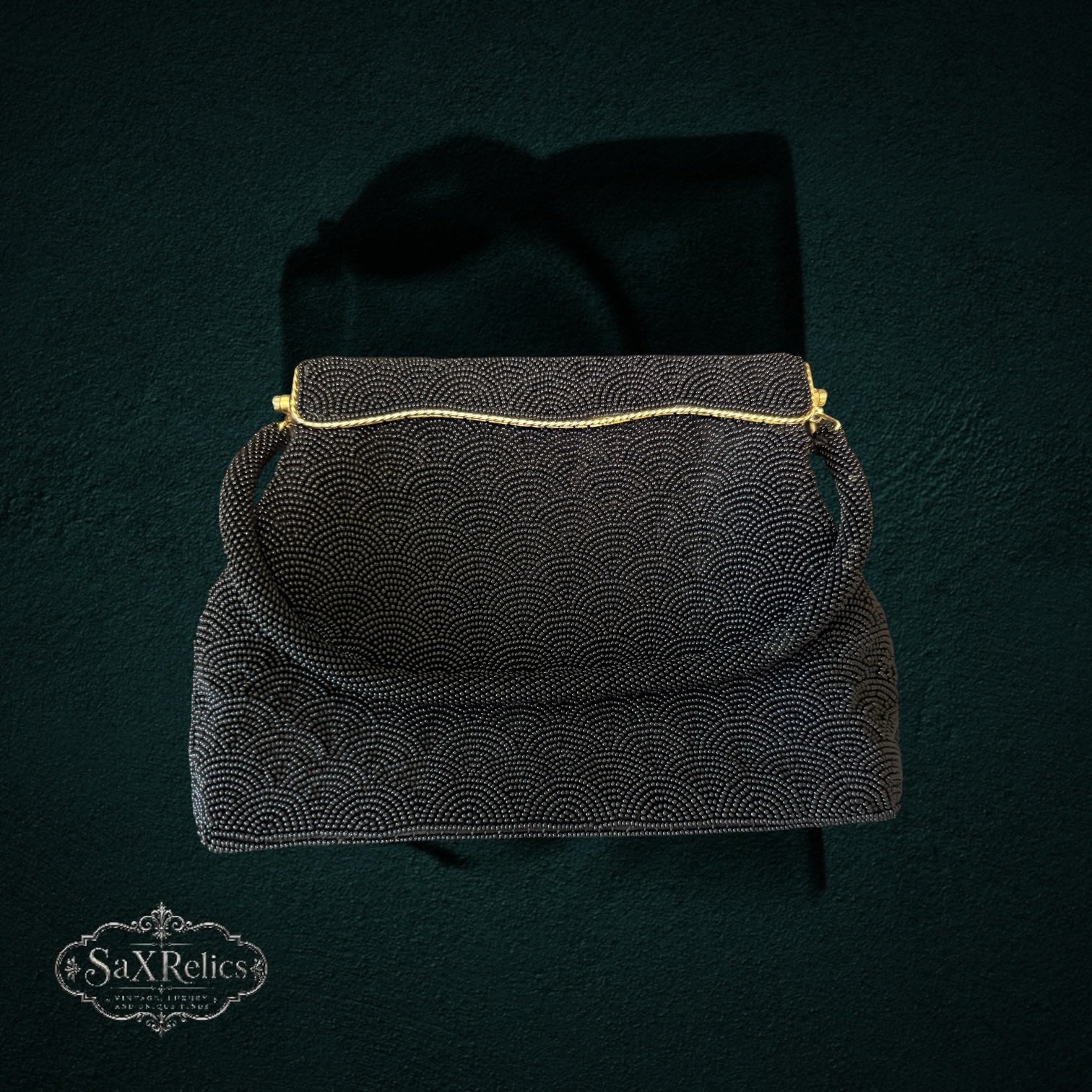 My Store vintage black beaded evening handbag with intricate fan-shaped pattern and elegant gold-tone metal frame.
