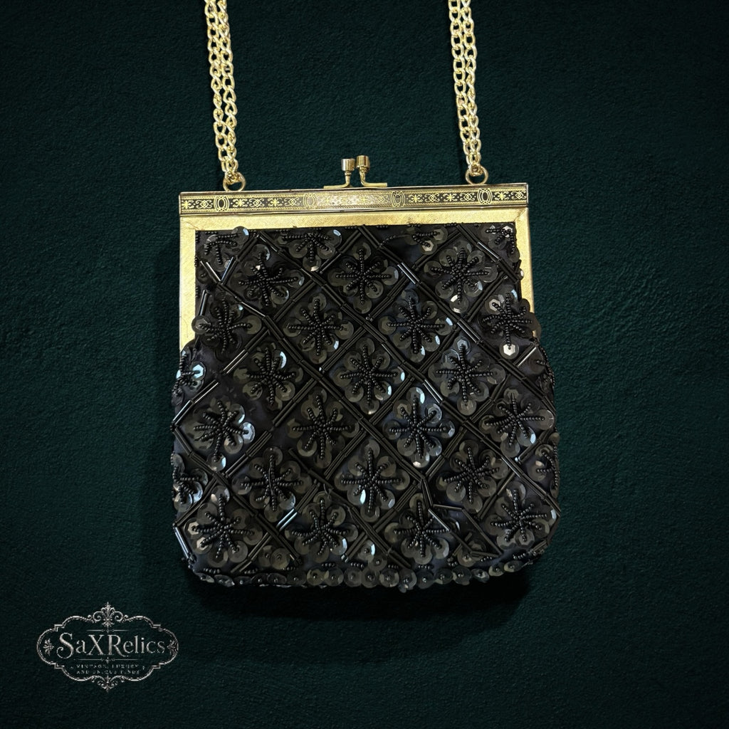 My Store vintage black beaded evening handbag with gold frame and chain strap featuring a diamond pattern