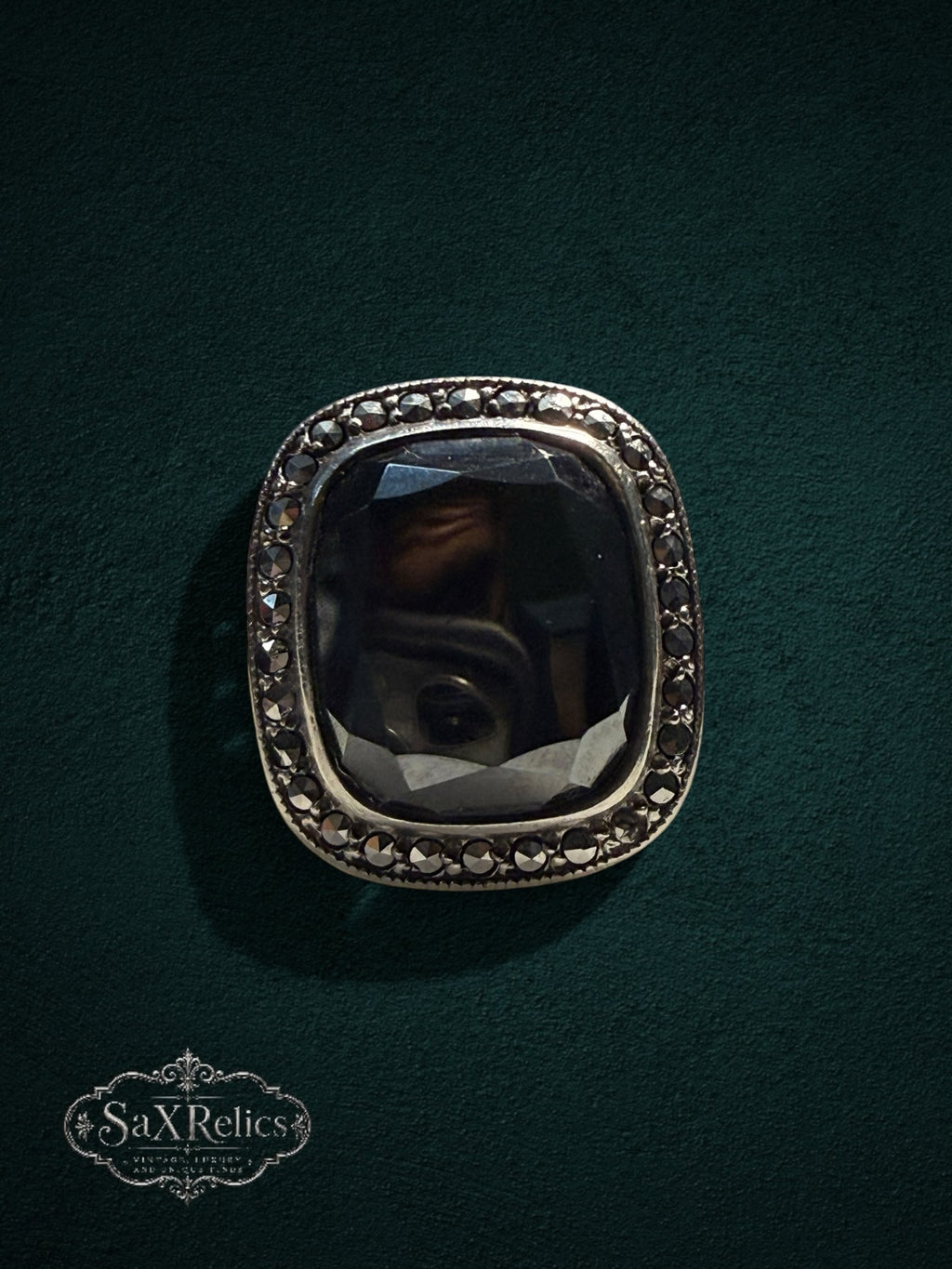My Store SAXRelics vintage statement ring featuring a large black faceted stone with marcasite accents in silver tone