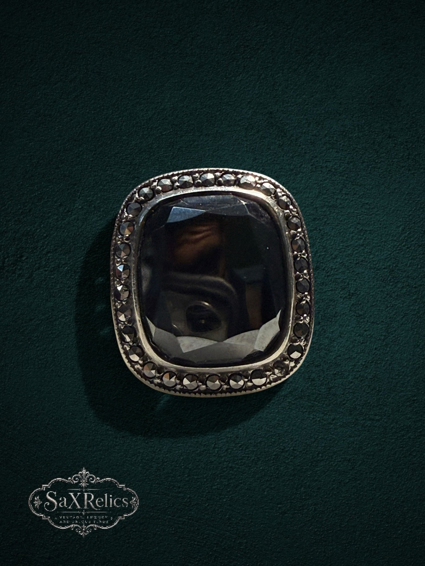 My Store SAXRelics vintage statement ring featuring a large black faceted stone with marcasite accents in silver tone