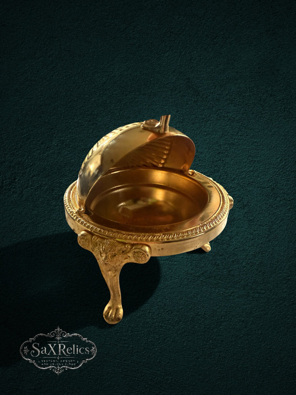 My Store vintage-style polished brass butter dish with a fluted domed lid and ornate lion-paw cabriole legs.