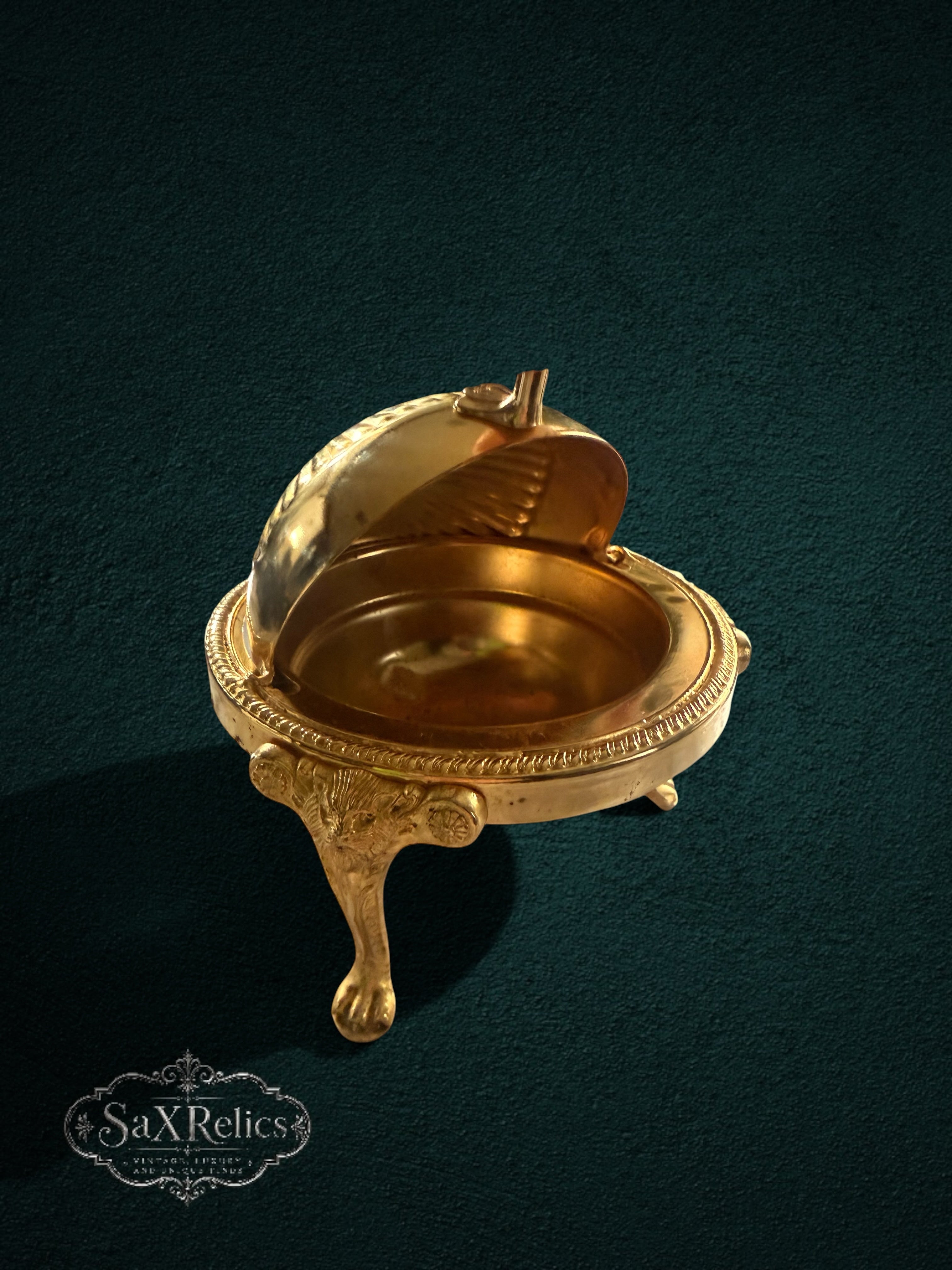 My Store vintage-style polished brass butter dish with a fluted domed lid and ornate lion-paw cabriole legs.