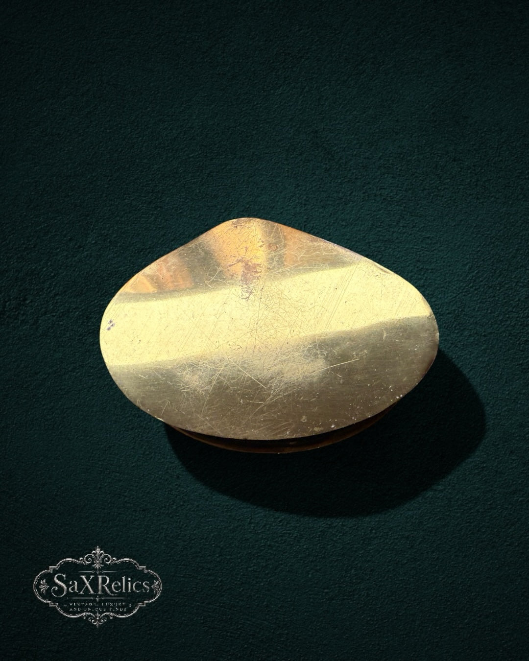 My Store vintage brass clam shell trinket box with a golden patina and smooth lid on a dark green background