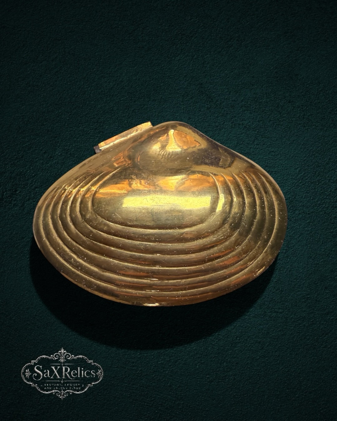My Store vintage brass clam shell trinket box with embossed ridged detailing on a dark green background