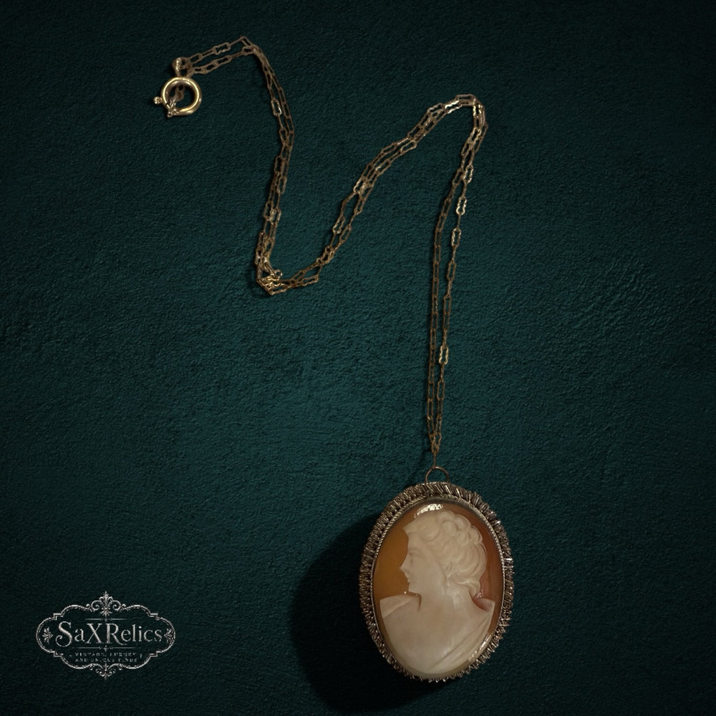 SaX Relics vintage carved shell cameo pendant on a gold-tone chain
