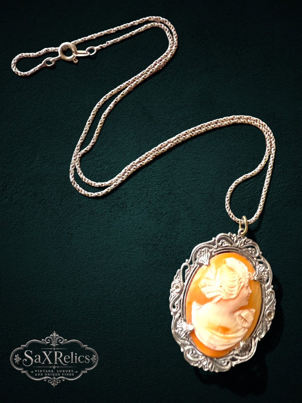 My Store vintage cameo pendant necklace with a peach shell profile in an ornate sterling silver filigree setting
