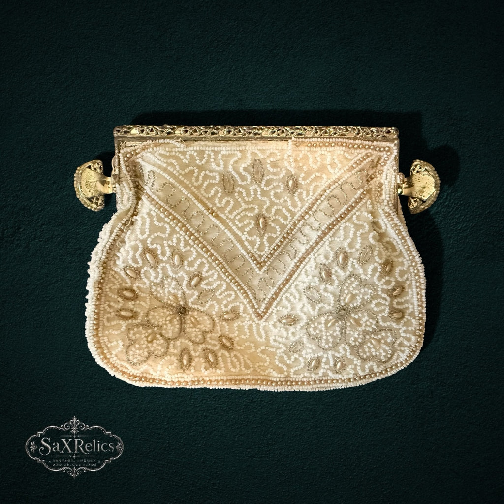 My Store vintage cream beaded evening clutch with intricate floral patterns and ornate gold-tone clasp