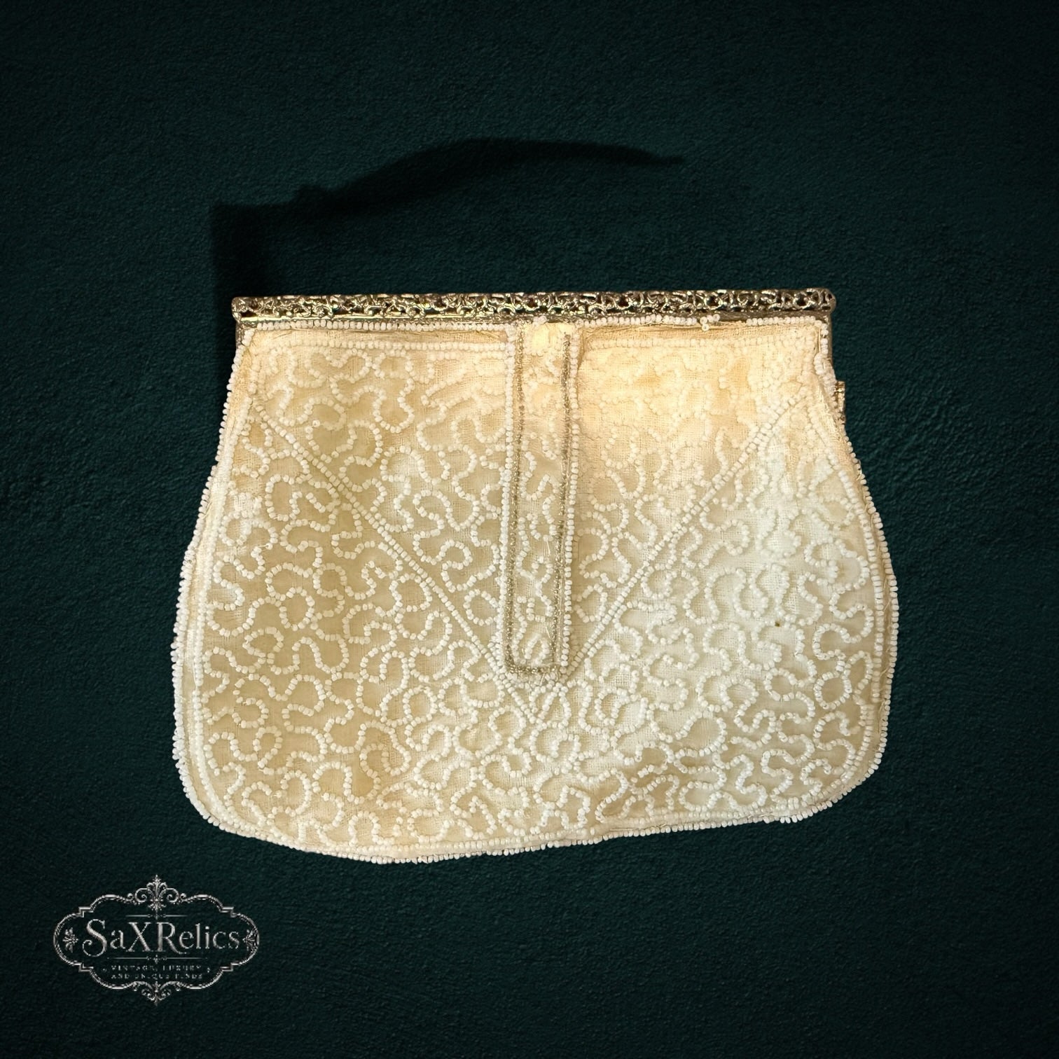 My Store vintage cream beaded evening clutch with intricate floral beadwork and an ornate gold-tone frame clasp.