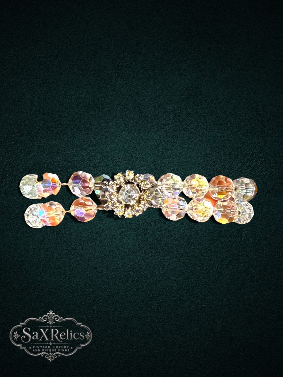 SaX Relics vintage double-strand crystal bracelet with iridescent aurora borealis beads and rhinestone clasp