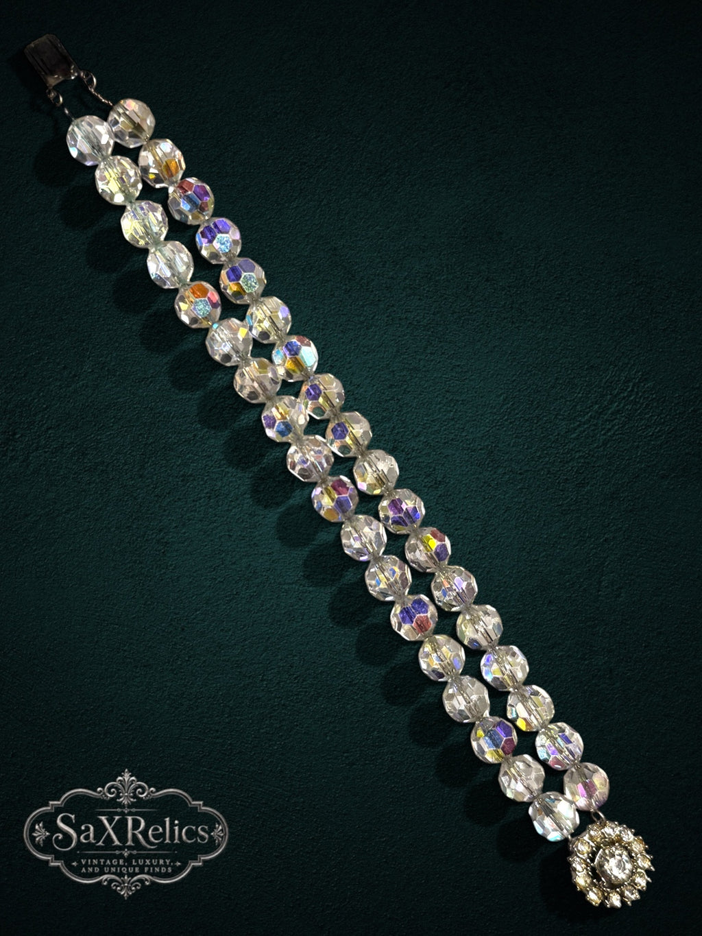 SaX Relics vintage double-strand crystal bracelet with iridescent aurora borealis beads and rhinestone clasp