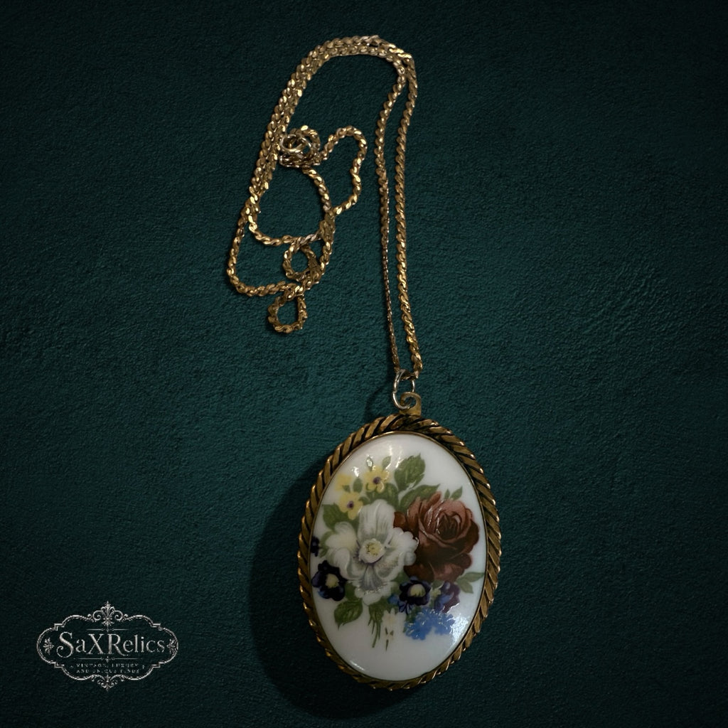My Store vintage oval pendant necklace with hand-painted floral porcelain plaque and gold-tone twisted rope frame