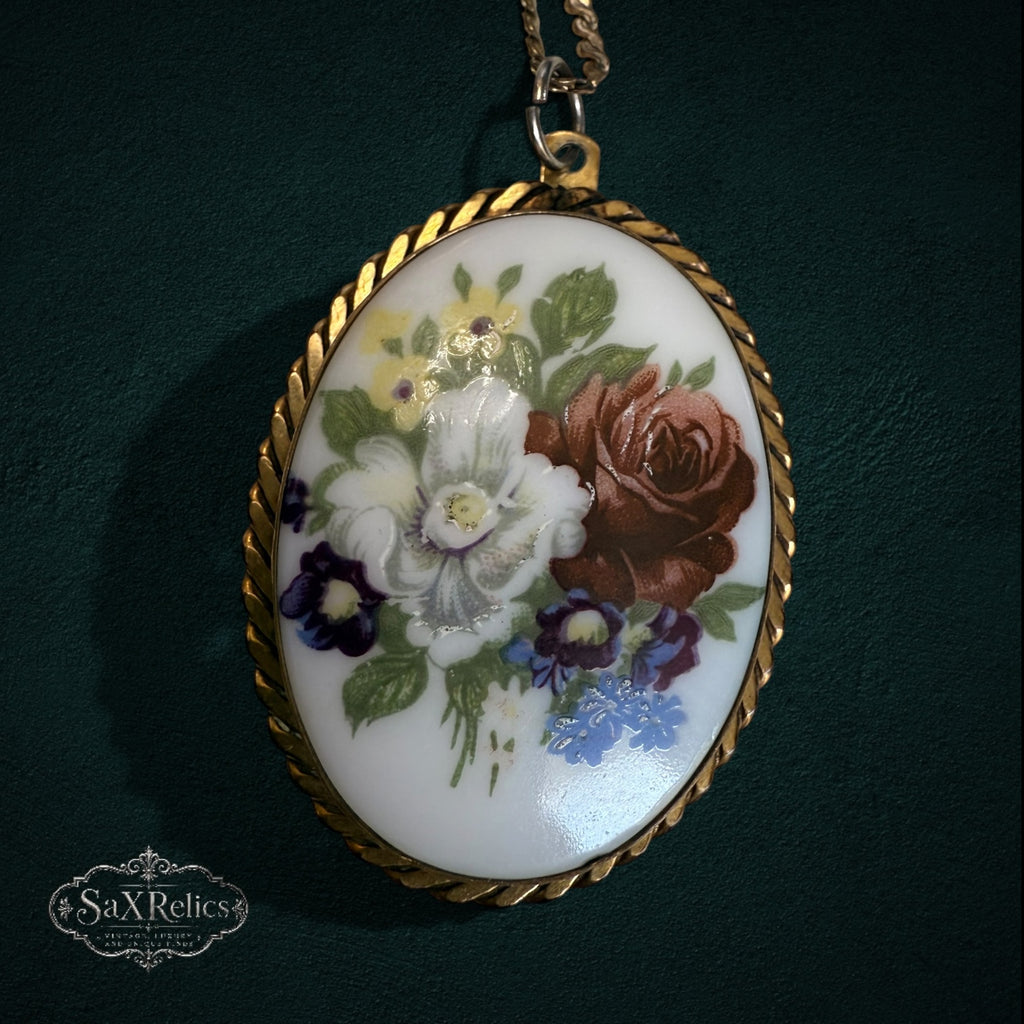 My Store vintage floral oval pendant necklace featuring a hand-painted rose bouquet in a gold-tone twisted rope frame