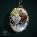My Store vintage floral oval pendant necklace featuring a hand-painted rose bouquet in a gold-tone twisted rope frame