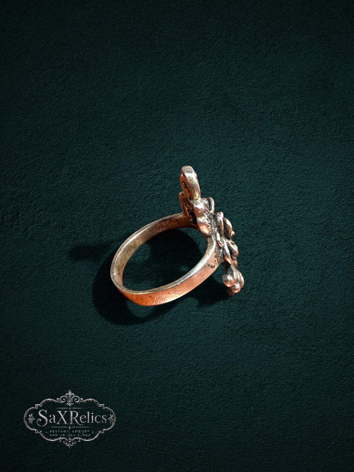 My Store vintage floral statement ring with a sculpted rose motif in a warm metallic antique finish