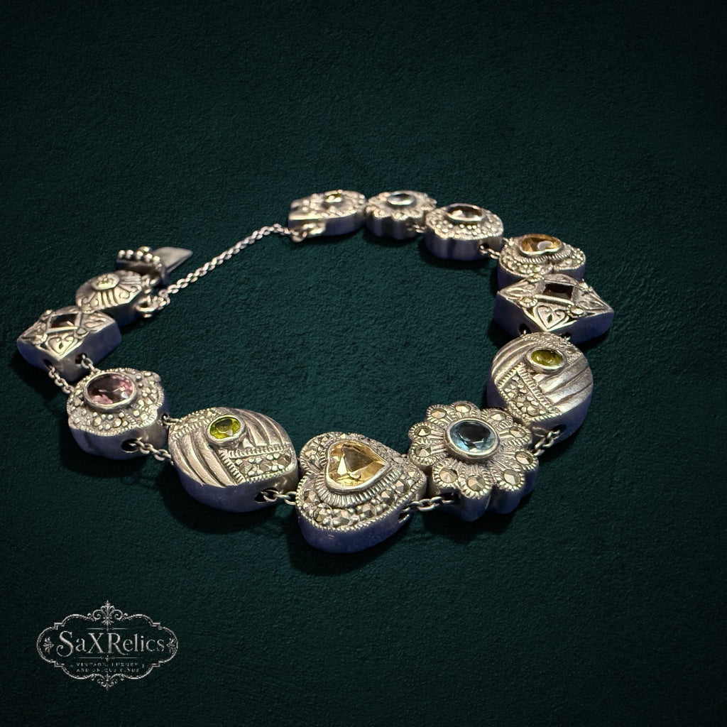 SaX Relics vintage sterling silver ornate link bracelet set with faceted citrine, garnet and peridot stones