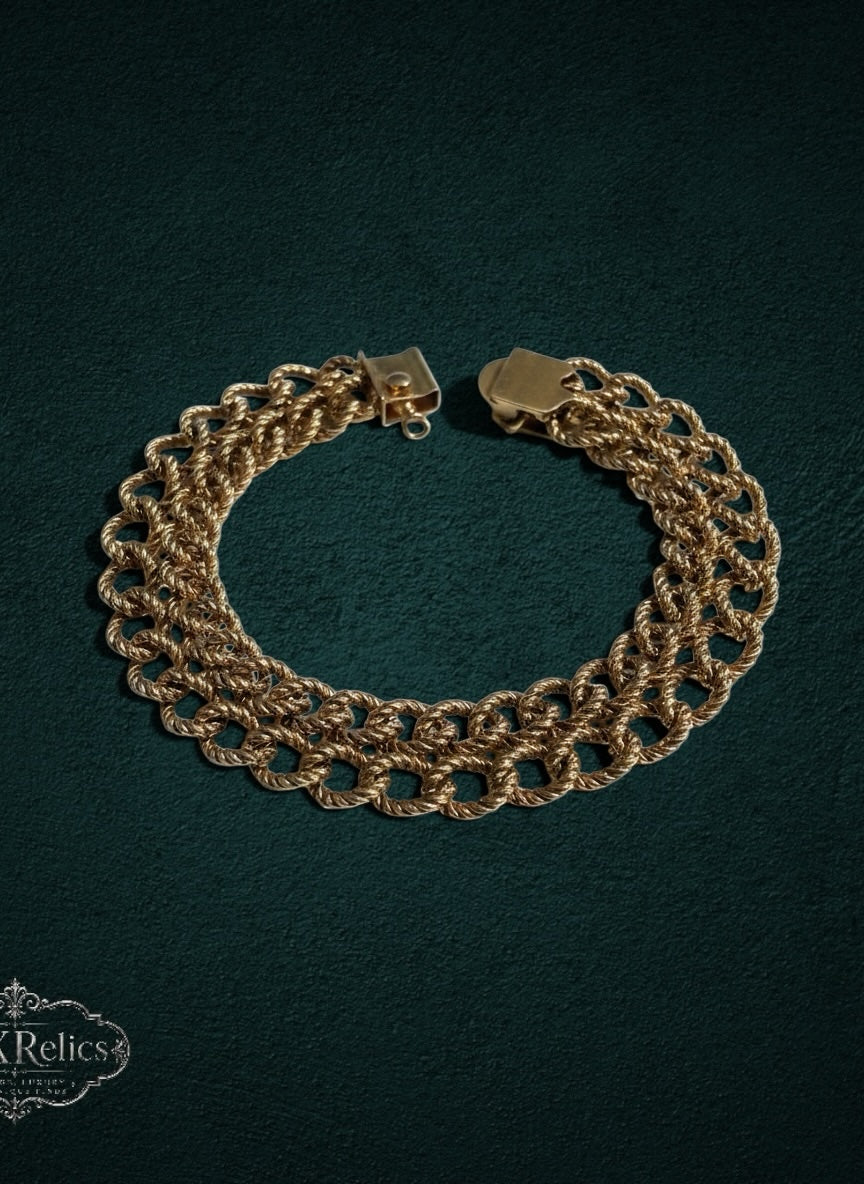 My Store vintage gold-filled multi-strand rope chain bracelet with intricate interlocking links on dark background