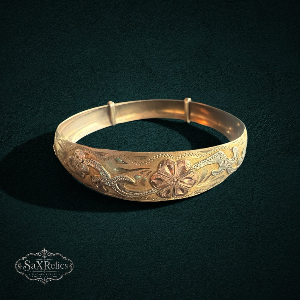 My Store vintage gold expandable bangle bracelet with intricate hand-engraved floral motifs and multi-tone finish